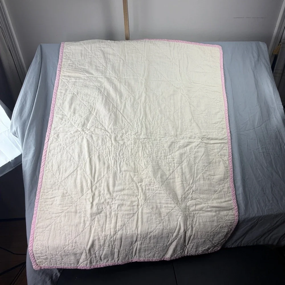 VTG Handmade Baby Quilt Nursery Crib Cream Pink Hand Embroidered Cat Dog 33x42